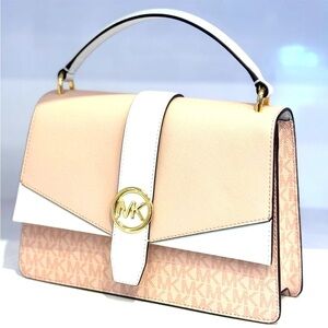 Michael Kors Greenwich Medium Signature Logo Satchel Bag Powder Blush Multi